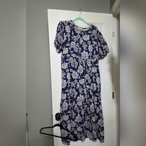 Navy and White Floral Midi Dress